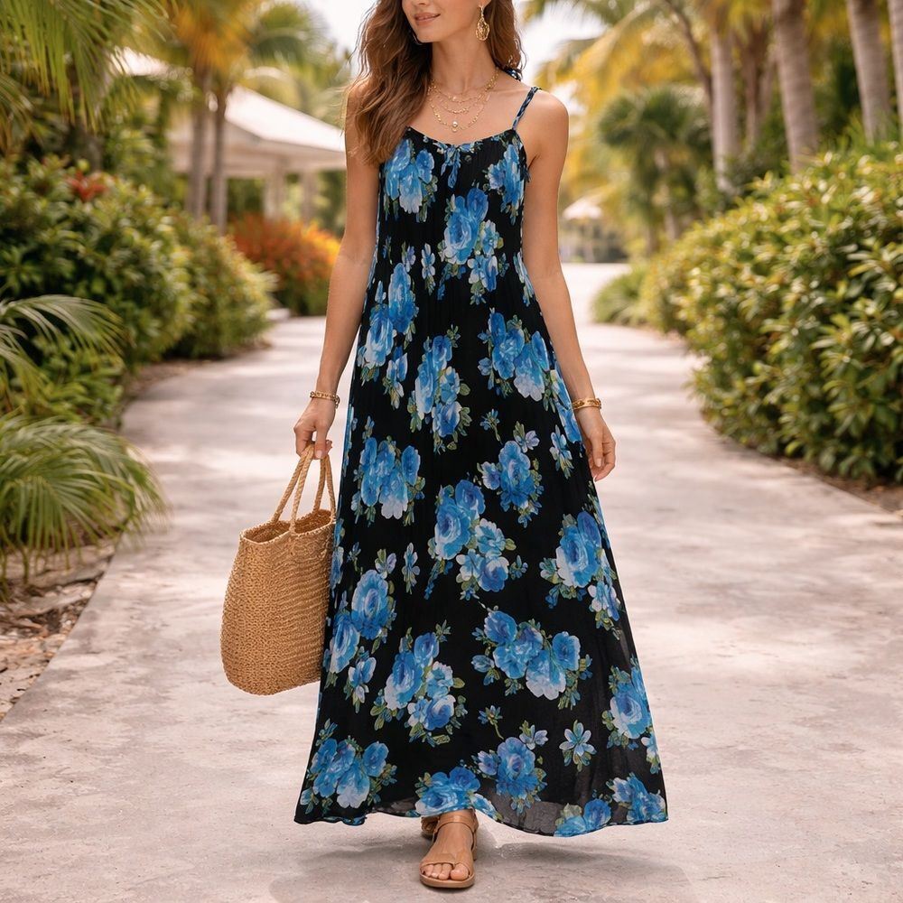Floral Maxi Dress XXL Womens Blue Flowy Summer Beach Plus Size